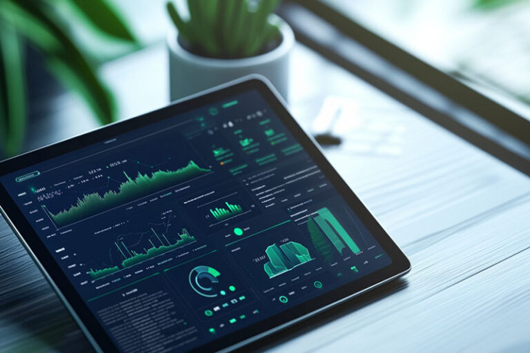 Ipad on a desk with data dashboard