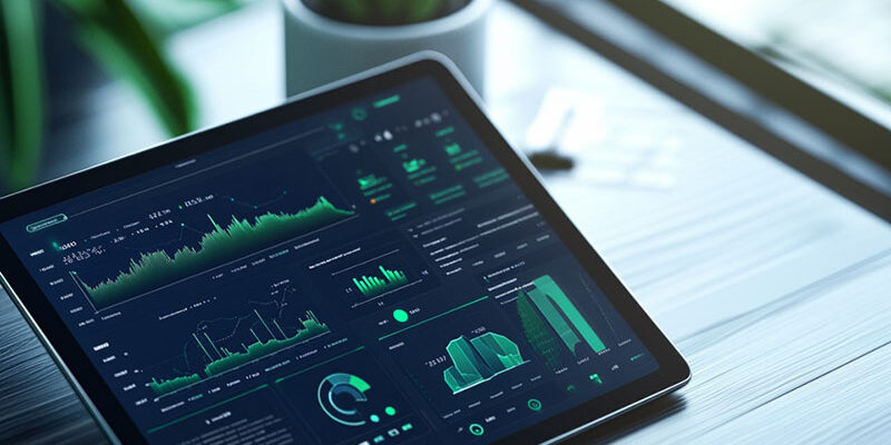 Ipad on a desk with data dashboard